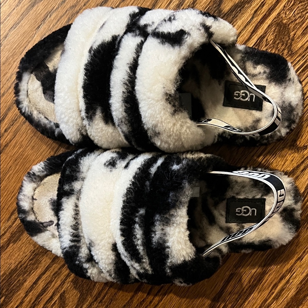 UGG Black and White Plush Slippers